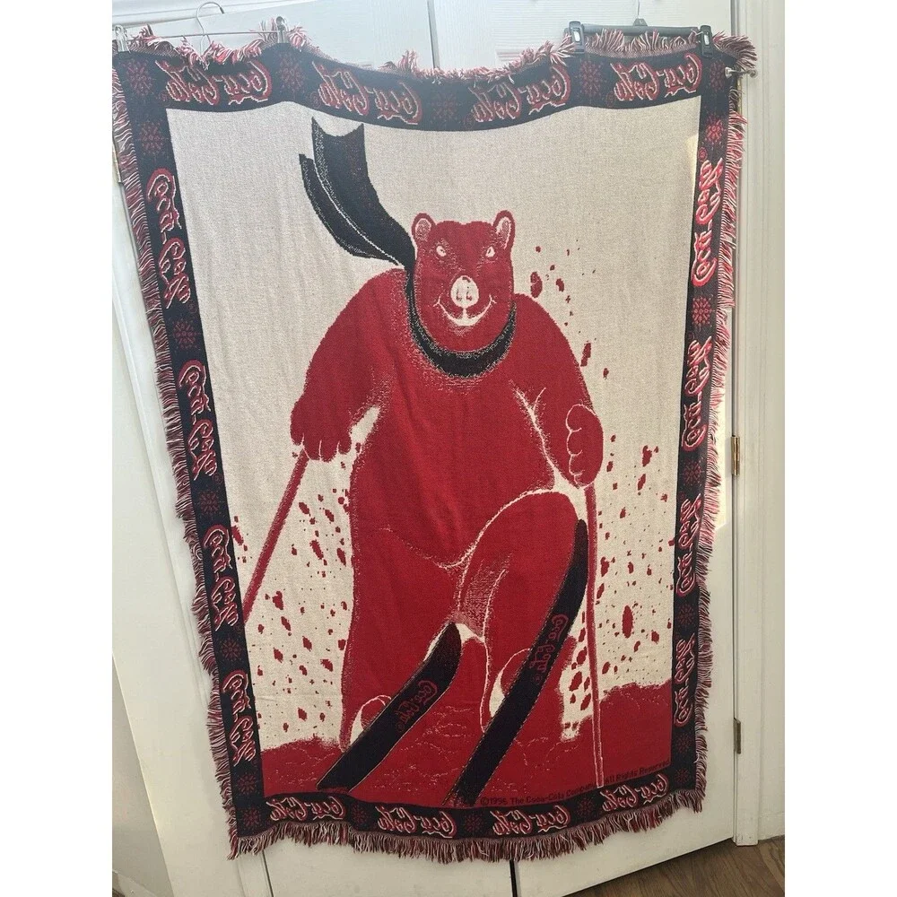 Vintage Coca Cola Knitted Throw Blanket Tapestry Polar Bear Skiing Coke